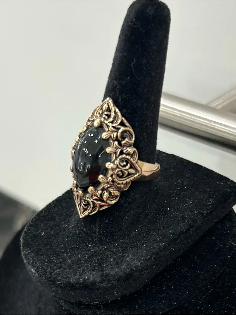 Barse Black Onyx Stone Bronze Filigree Ring with Gold-Tone Accents